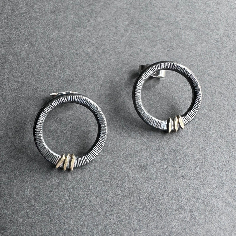 Landscape Circle Studs - Oxidised Silver & Gold
