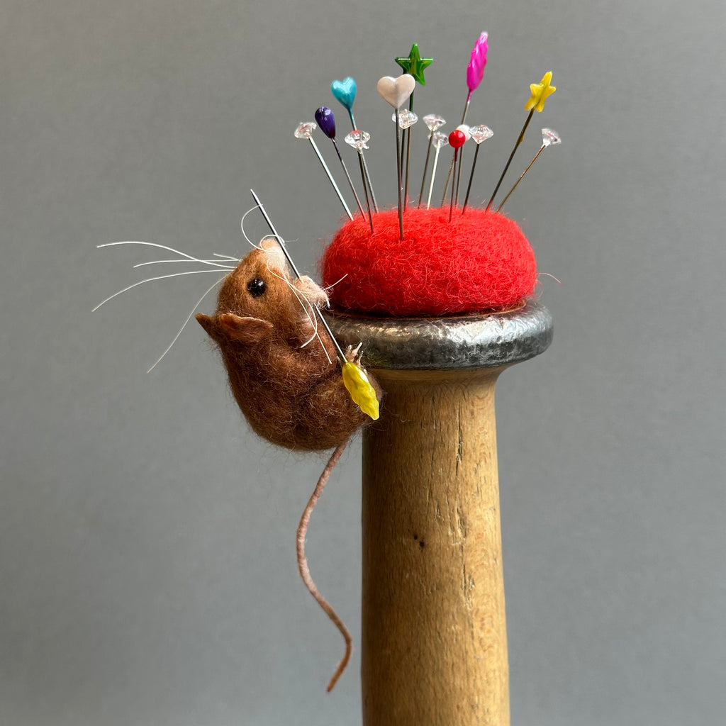 Needle Felted Mouse ‘Tiny’ Brown Mouse on a Bobbin with Red Pincushion