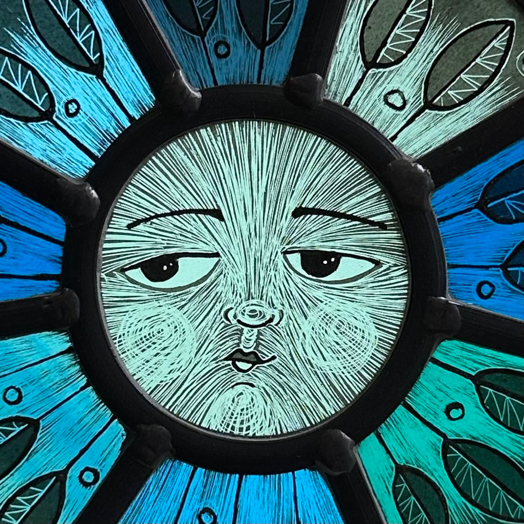 Stained Glass Round Face Panel ‘Turquoise Leaf Moon’