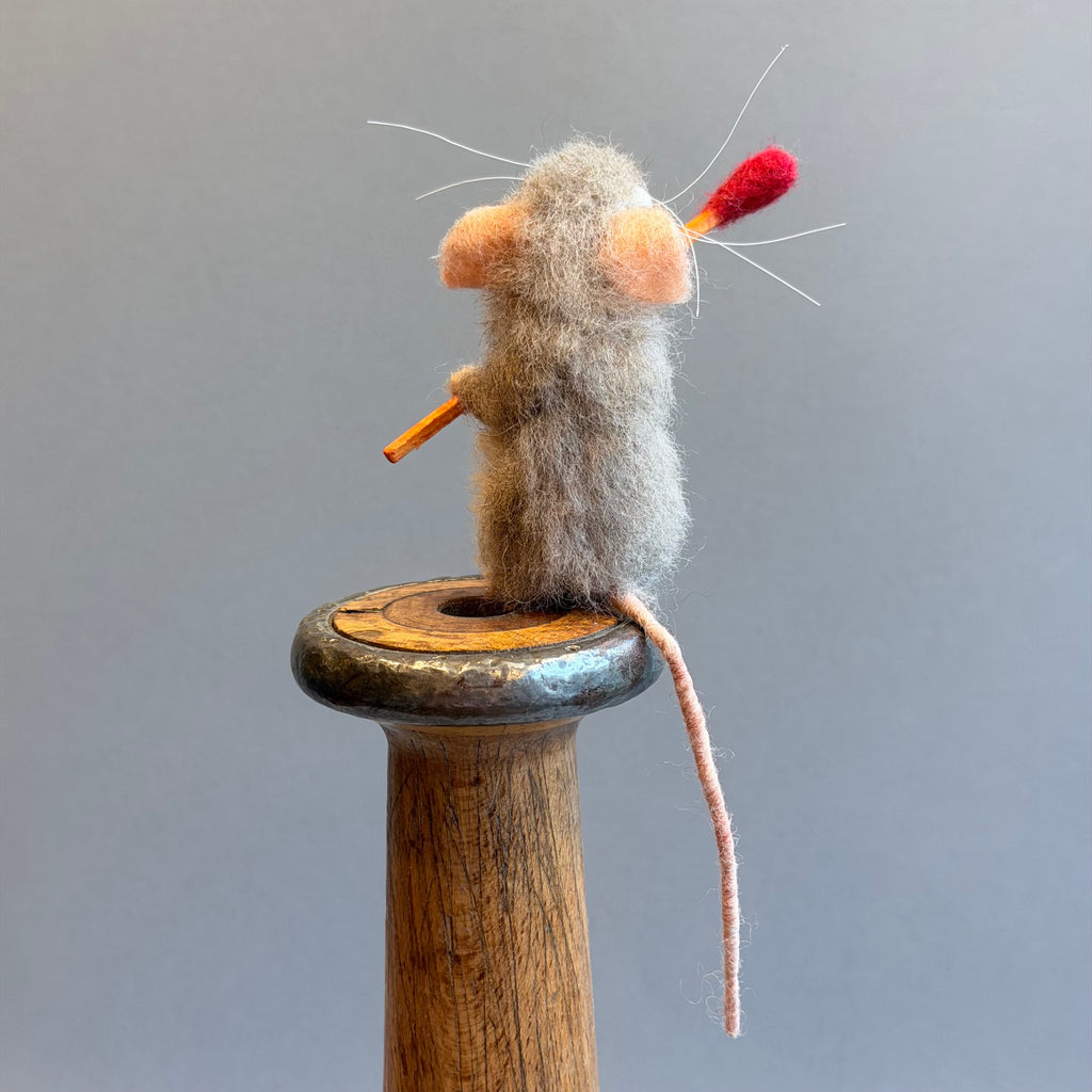Needle Felted Mouse ‘Godfrey’ Brown Mouse on a Bobbin with a Matchstick