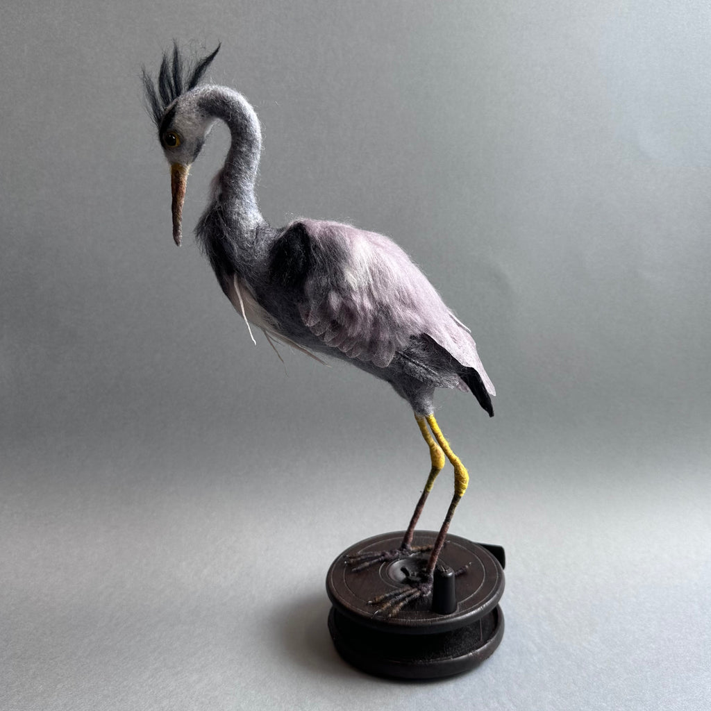 Needle Felted Heron ‘Jeremy’ on a Vintage Fishing Reel