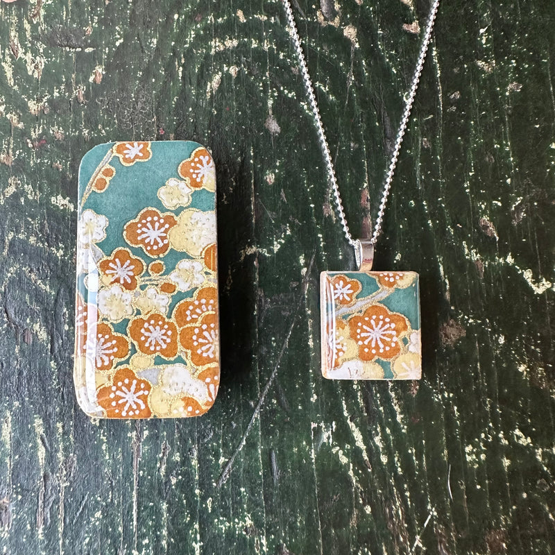 Scrabble Tile Pendant & Teeny Tiny Tin Sakura Teal