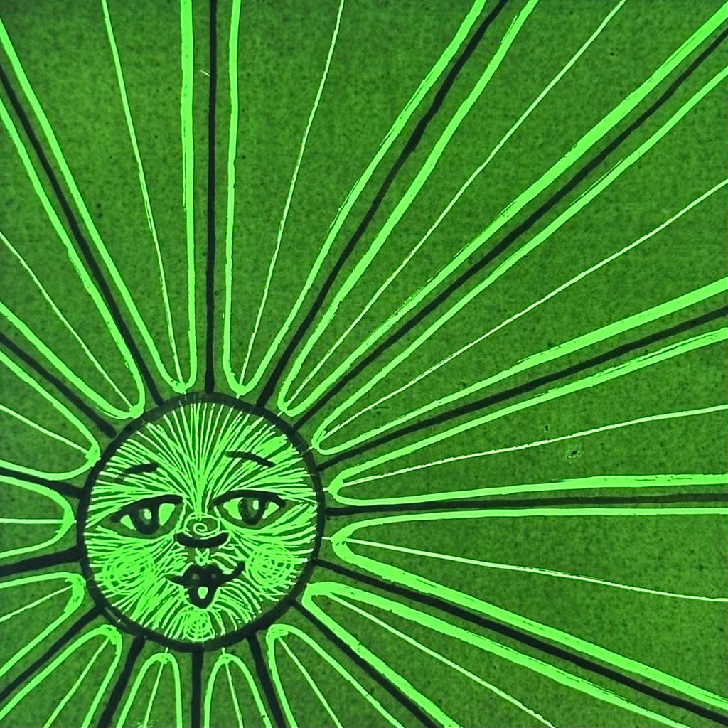 Stained Glass Small Square Panel ‘Sun, Moon Rays’ (Green) #Q
