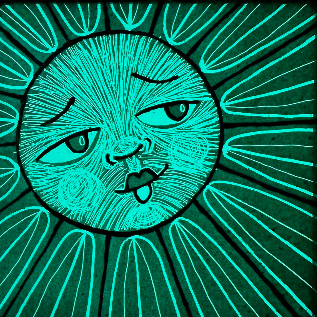 Stained Glass Small Square Panel ‘Sun, Moon Rays’ (Teal) #A