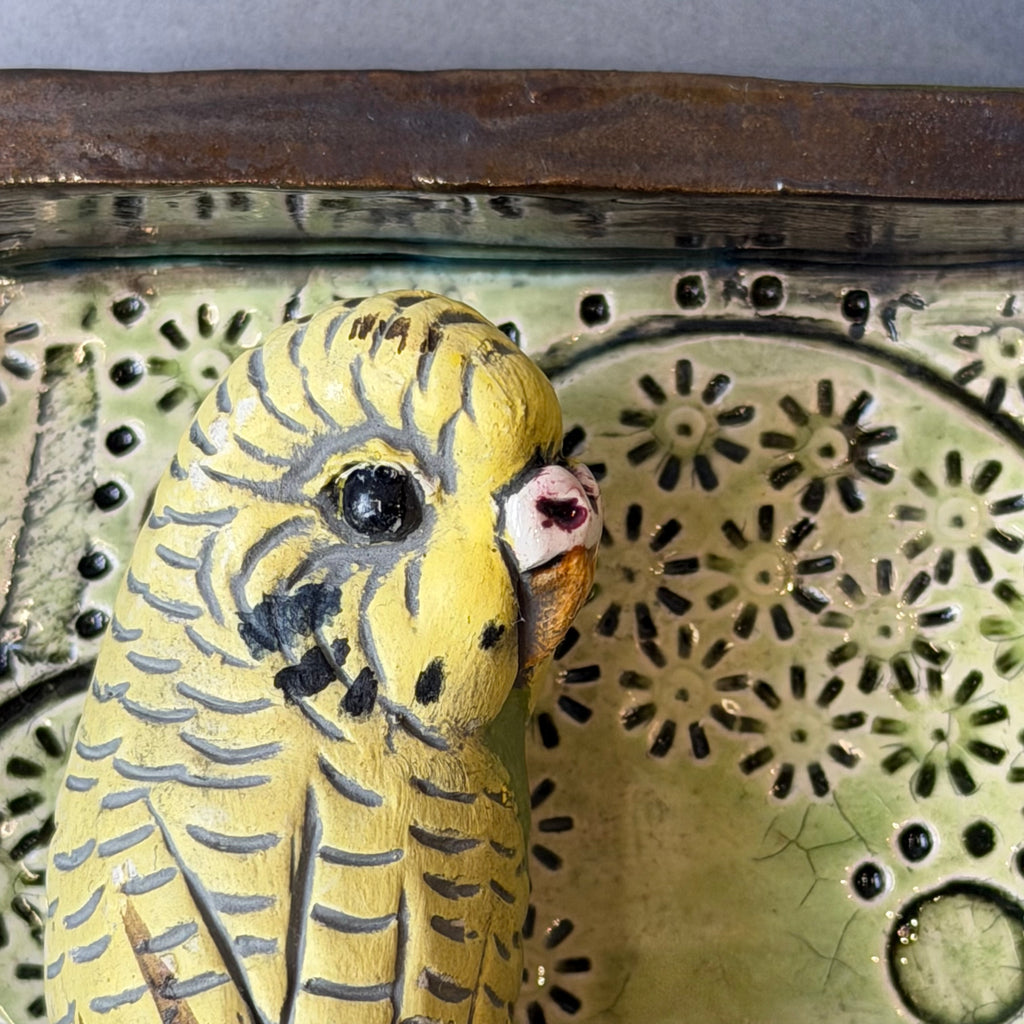 Ceramic Budgie - Pair on a Rectangular Wall Piece - Medium