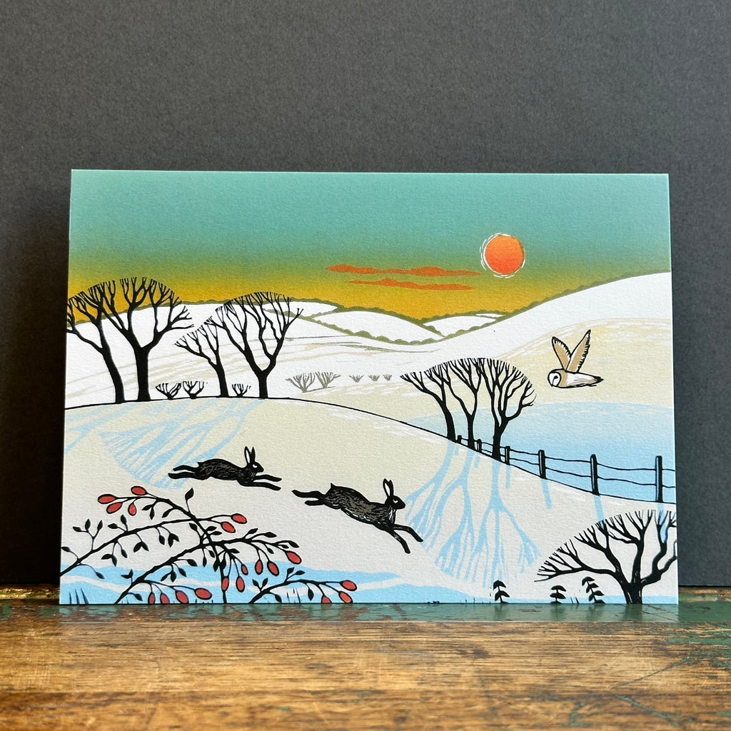 Green Pebble G/Card - Rob Barnes - Hares in Winter Snow