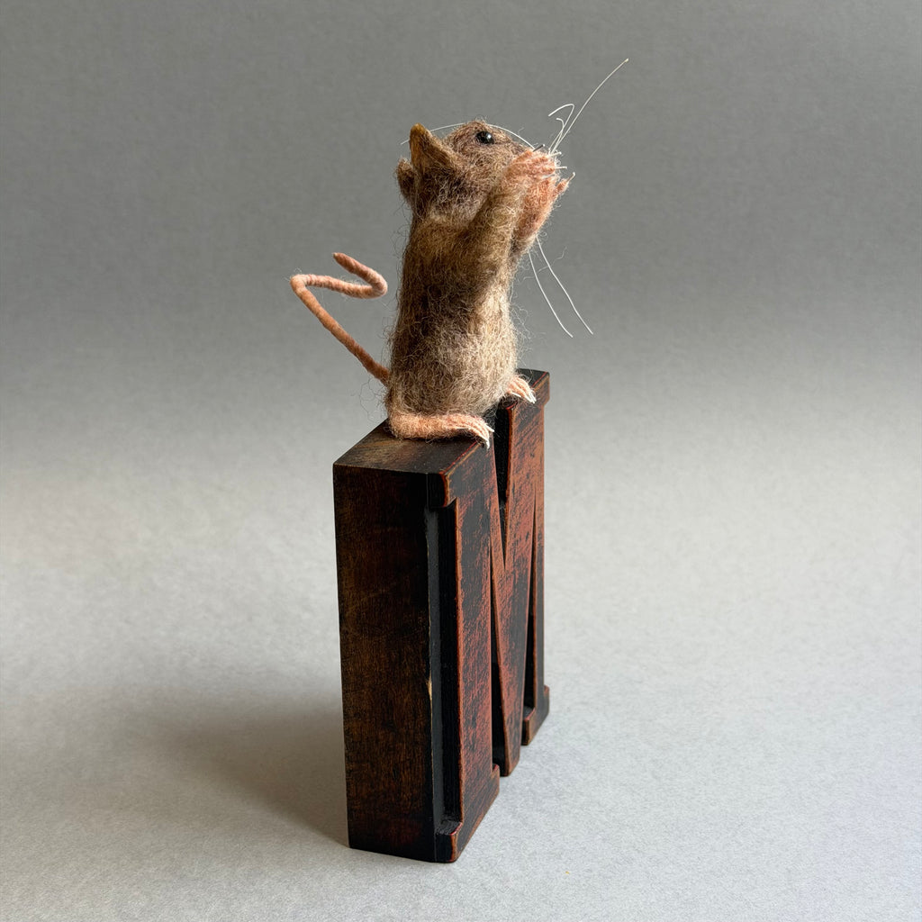 Needle Felted Mouse ‘Jerry’ on a Vintage Print Block