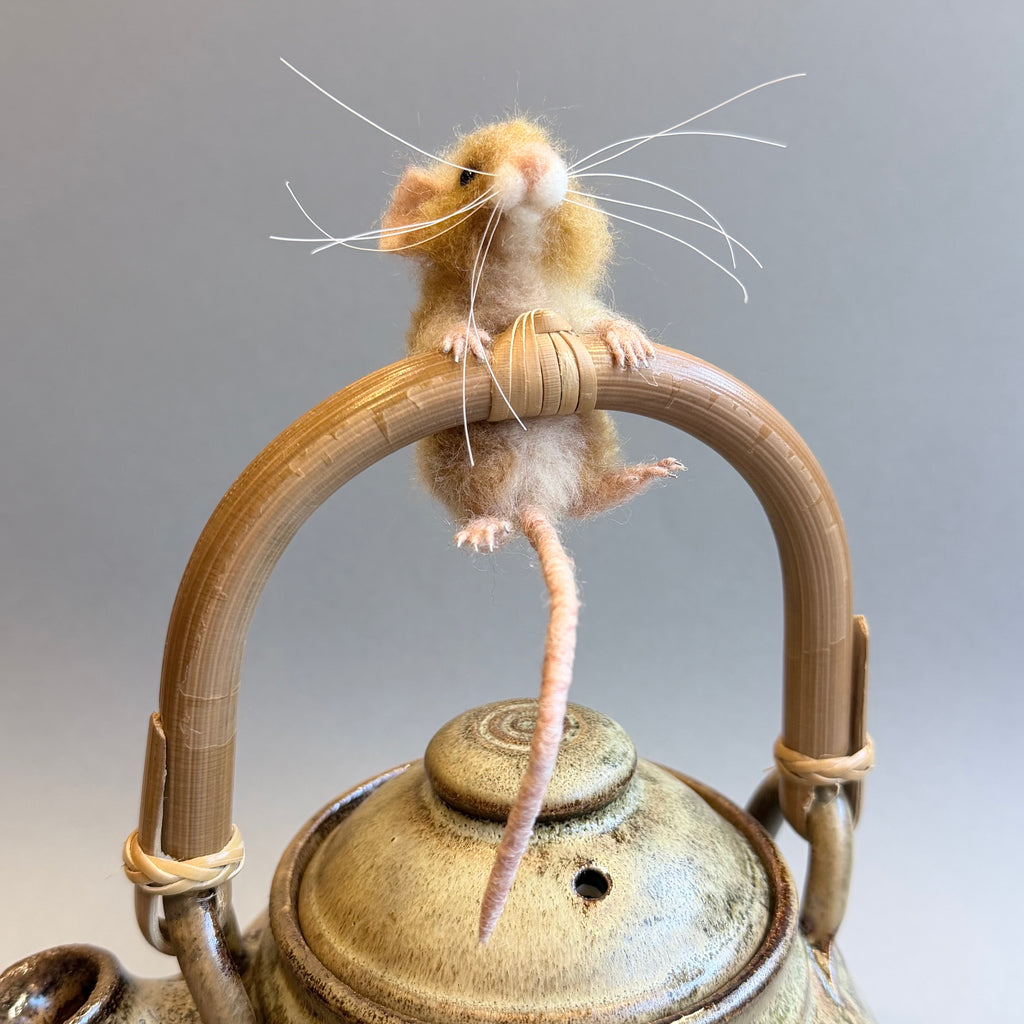 Needle Felted Ginger Mouse ‘Faye’ on a Vintage Teapot