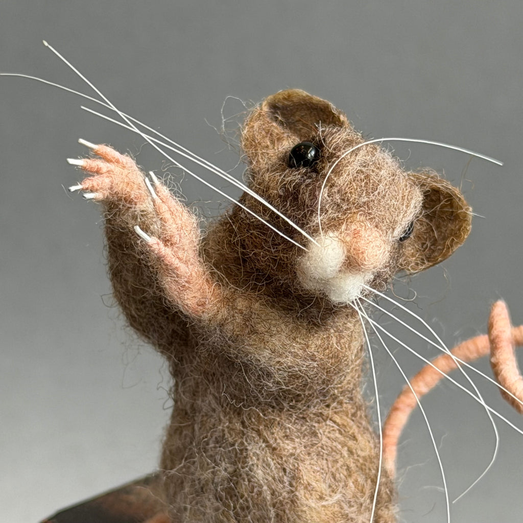 Needle Felted Mouse ‘Jerry’ on a Vintage Print Block