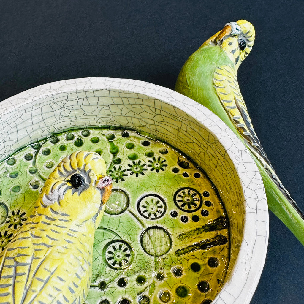 Green Budgies on a Round Wall Plaque