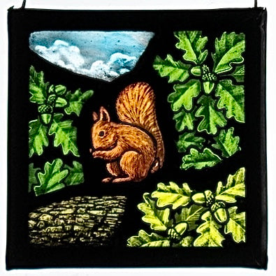 Stained Glass Panel - 14 x 14 - ‘Red Squirrel with Oak Leaves & Acorns’