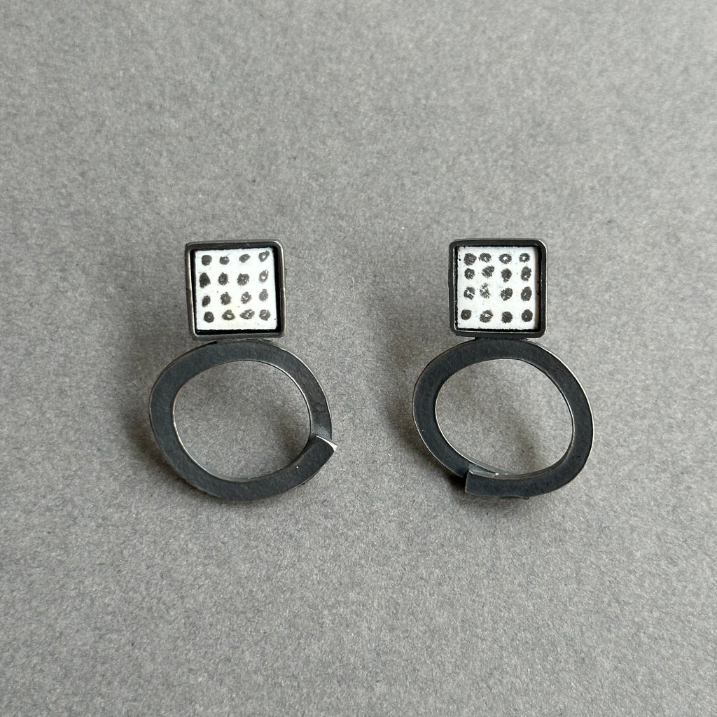 Earrings Inset Square Studs with Open Circle