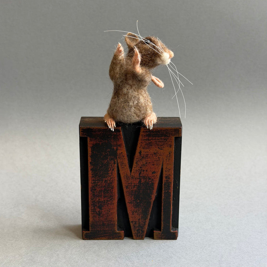Needle Felted Mouse ‘Jerry’ on a Vintage Print Block