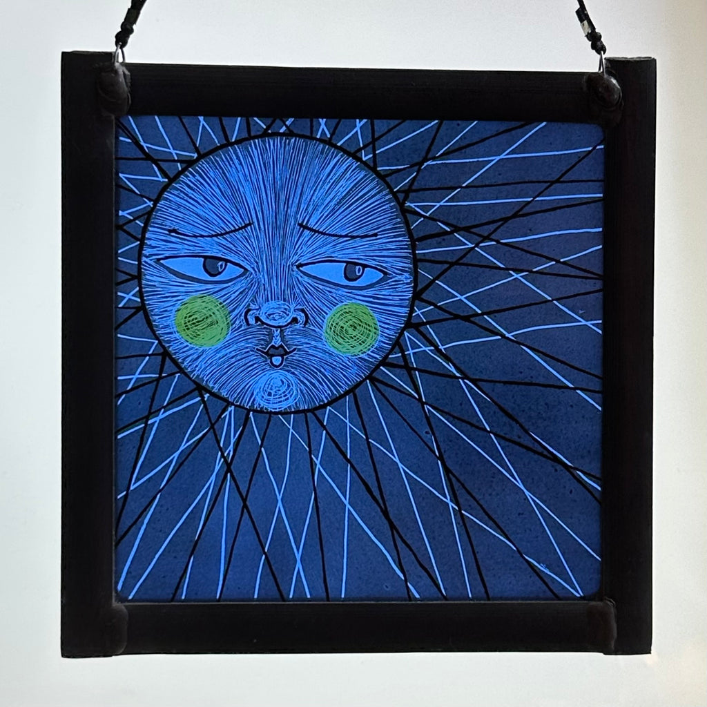 Stained Glass Medium Square Panel ‘Sun, Moon Rays’ (Blue)