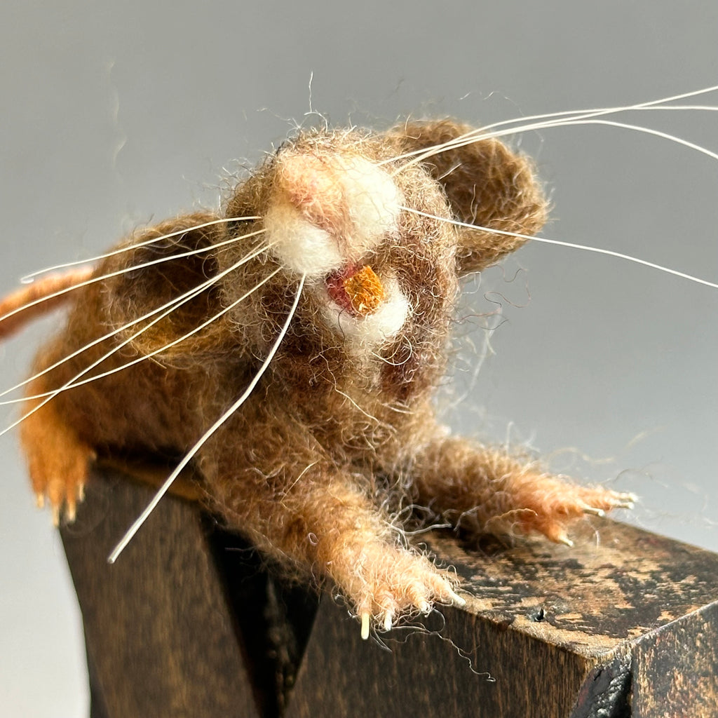 Needle Felted Mouse ‘Yawn’ on a Vintage Print Block