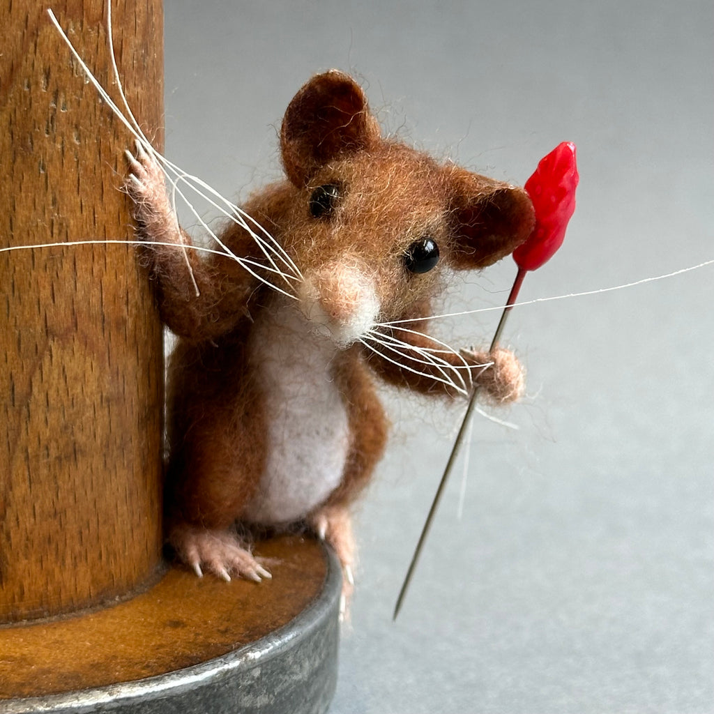 Needle Felted Mouse ‘Percy’ Brown Mouse on a Bobbin with Purple Pincushion