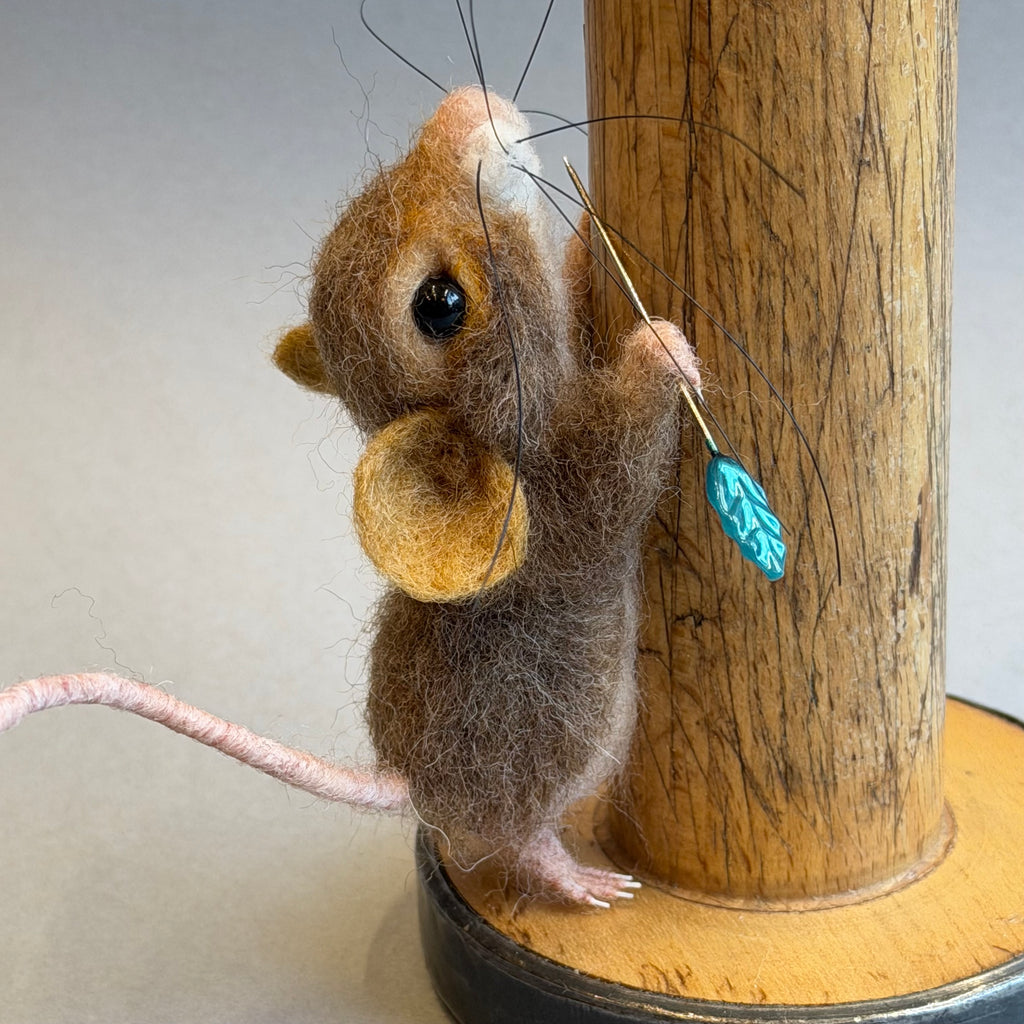 Needle Felted ‘Bridget’ Mouse on a Bobbin with Purple Pincushion