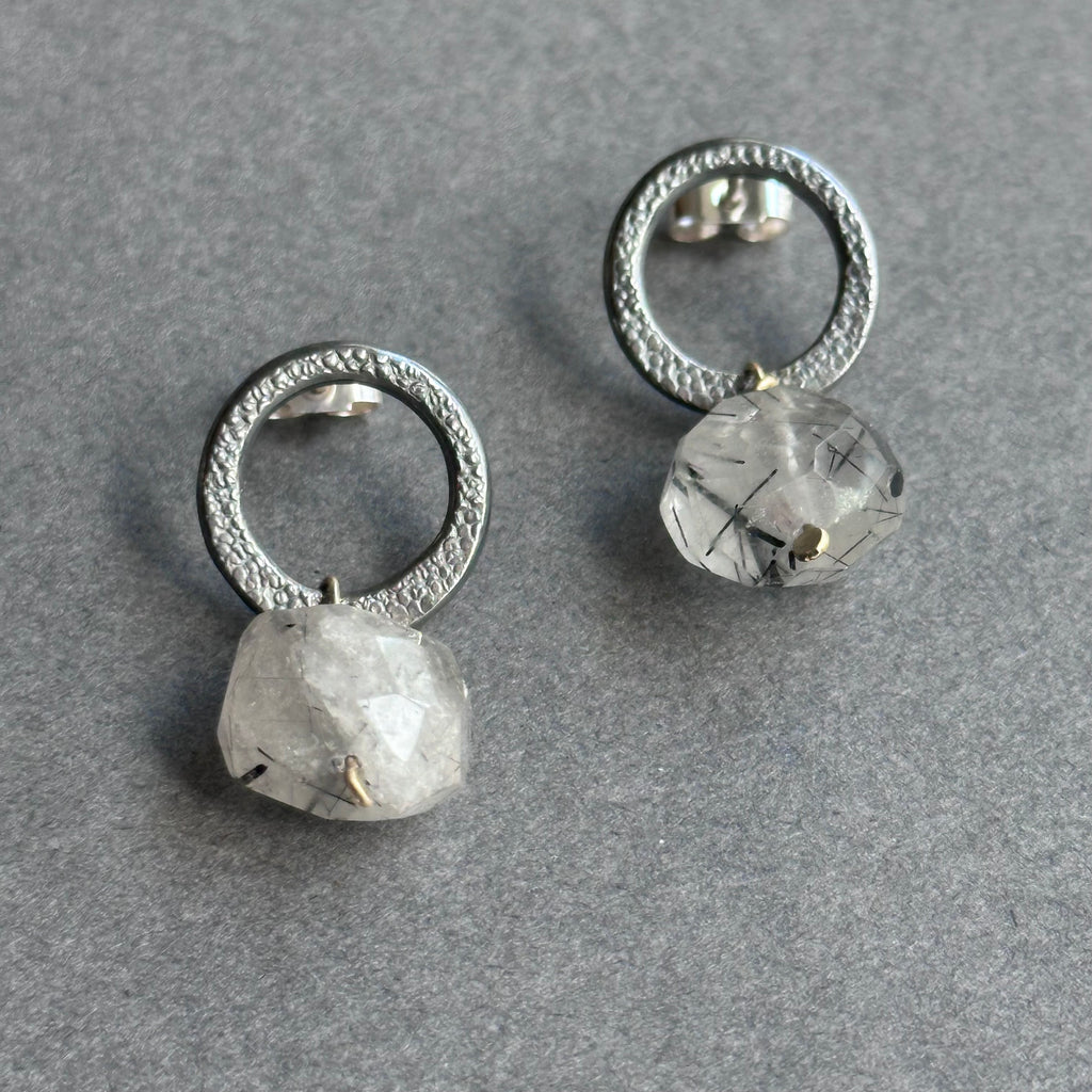 Landscape Drop Studs - Oxidised Silver & Rutilated Quartz