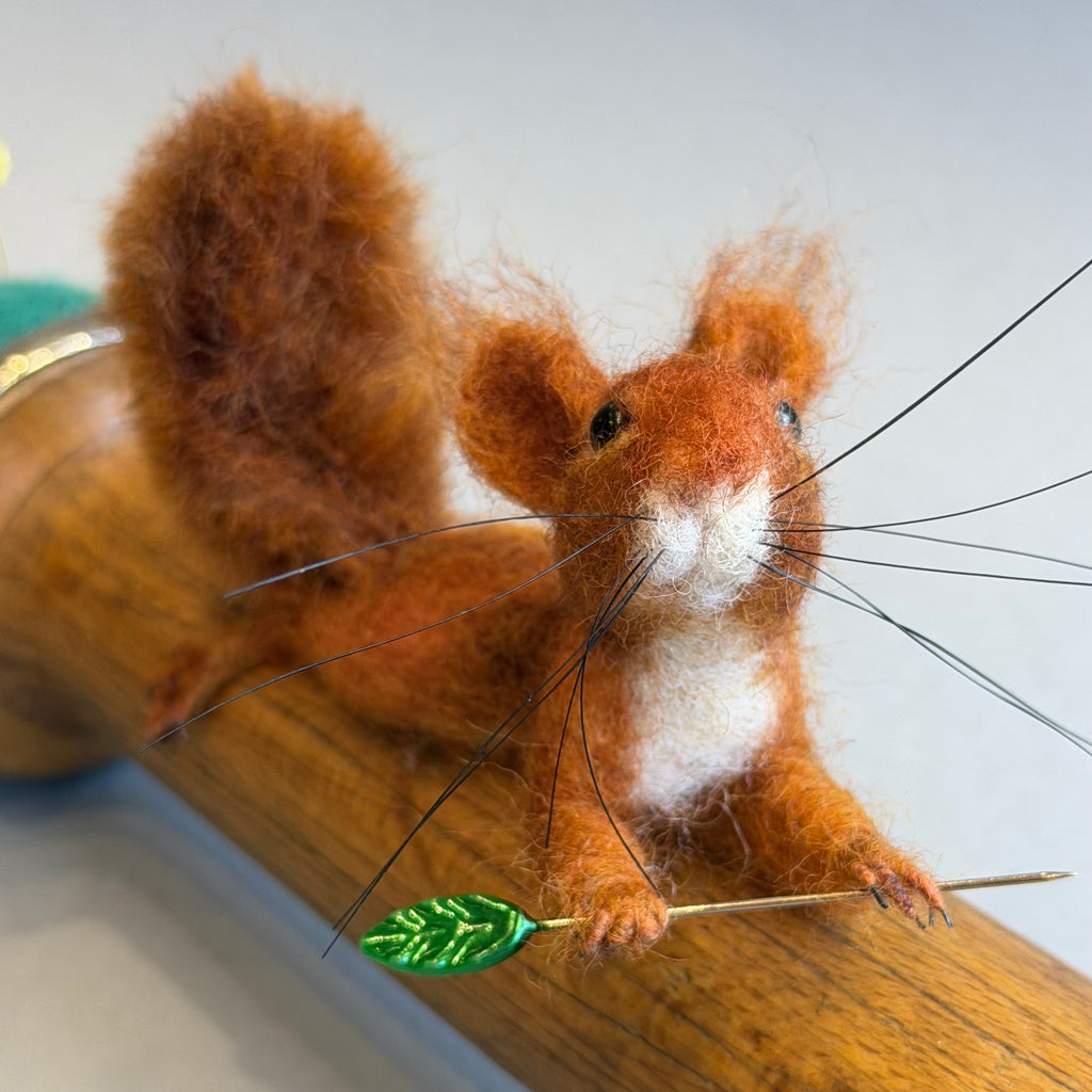 Needle Felted ‘Buster’ Squirrel on a Bobbin with Teal Pincushion