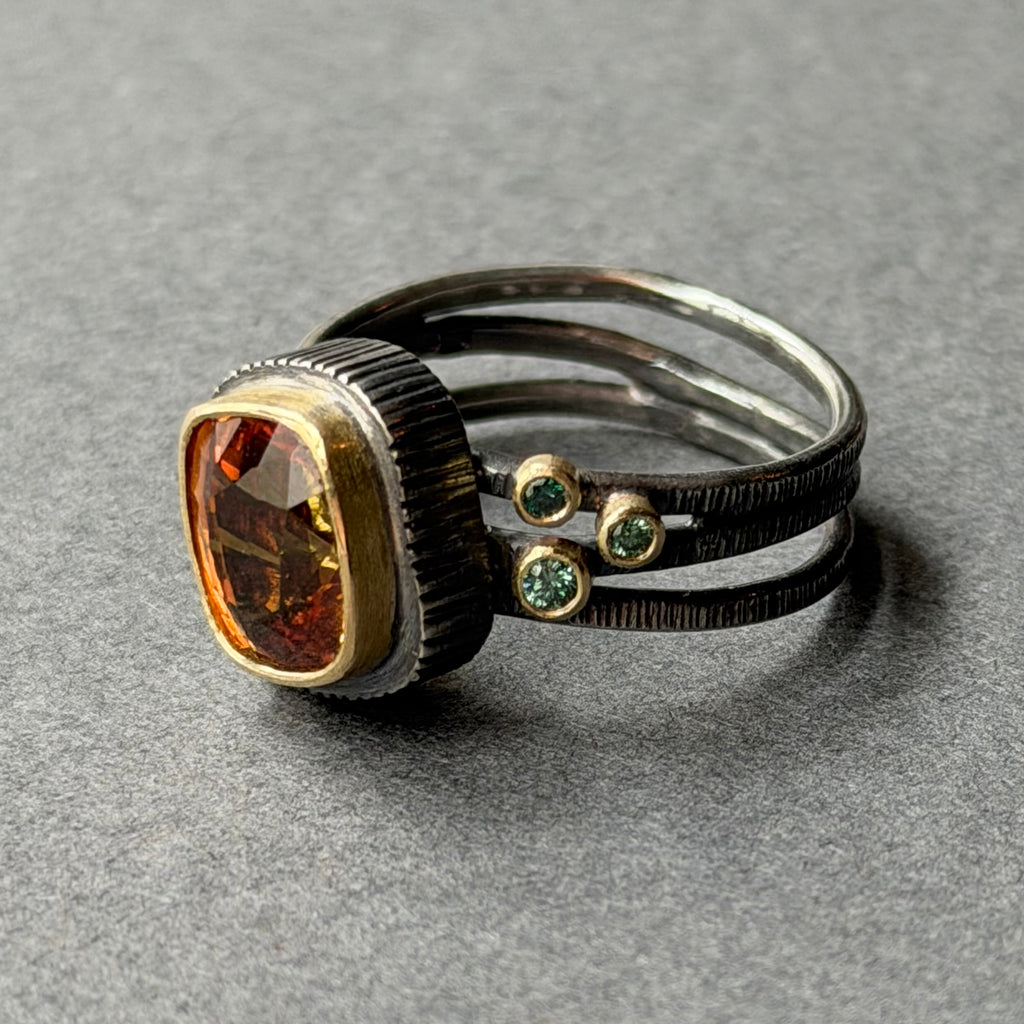 Ring - Triple Band - Oxidised Siver, Gold 14ct Sapphire, Teal diamonds