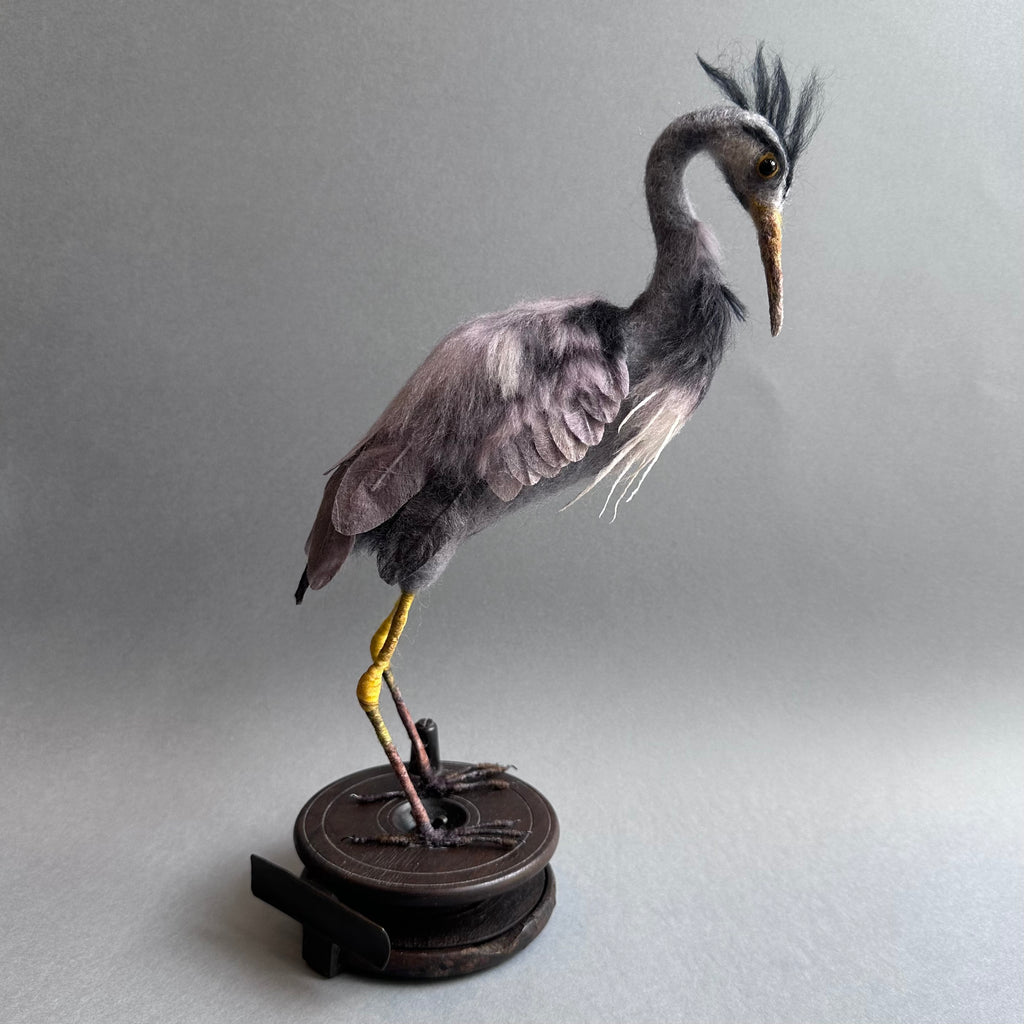 Needle Felted Heron ‘Jeremy’ on a Vintage Fishing Reel