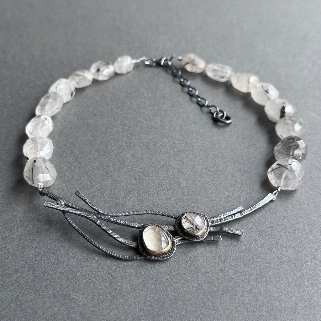 Landscape One-Off Statement Necklace - Silver, Gold & Rutilated Quartz