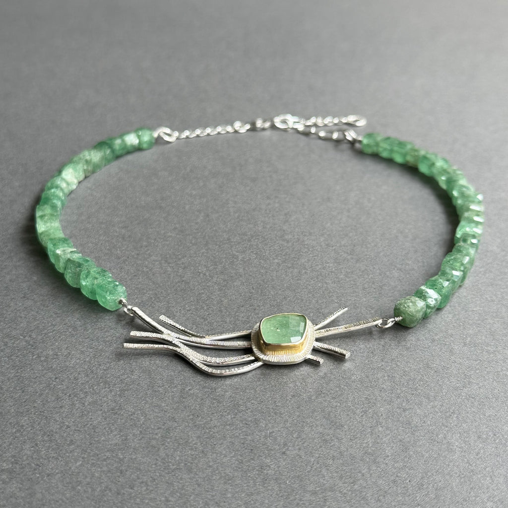 Landscape One-Off Statement Necklace - Silver, Gold & Green Strawberry Quartz