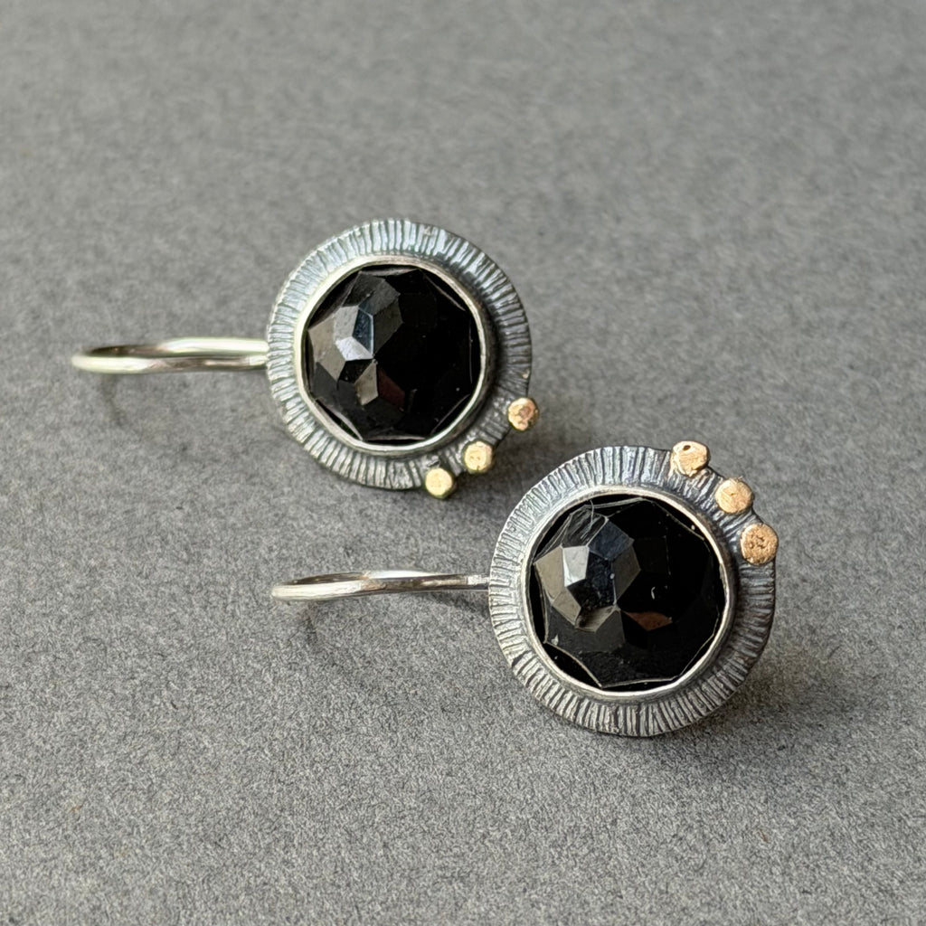 Landscape Drop Earrings - Gold, Oxidised Silver & Black Spinel