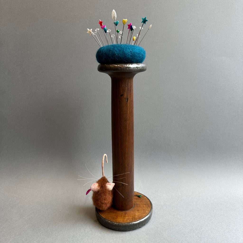 Needle Felted Mouse ‘Florence’ Brown Mouse on a Bobbin with Blue Pincushion