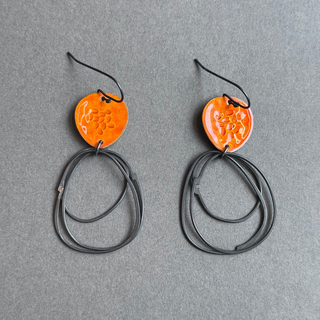 Earrings - Flotsam with Loops - Orange Enamel