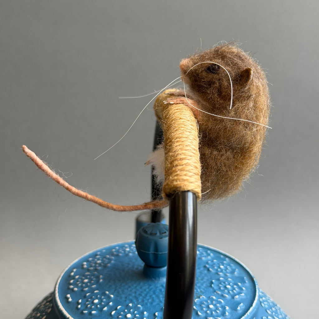 Needle Felted Mouse ‘Geraldine’ on a Blue Teapot