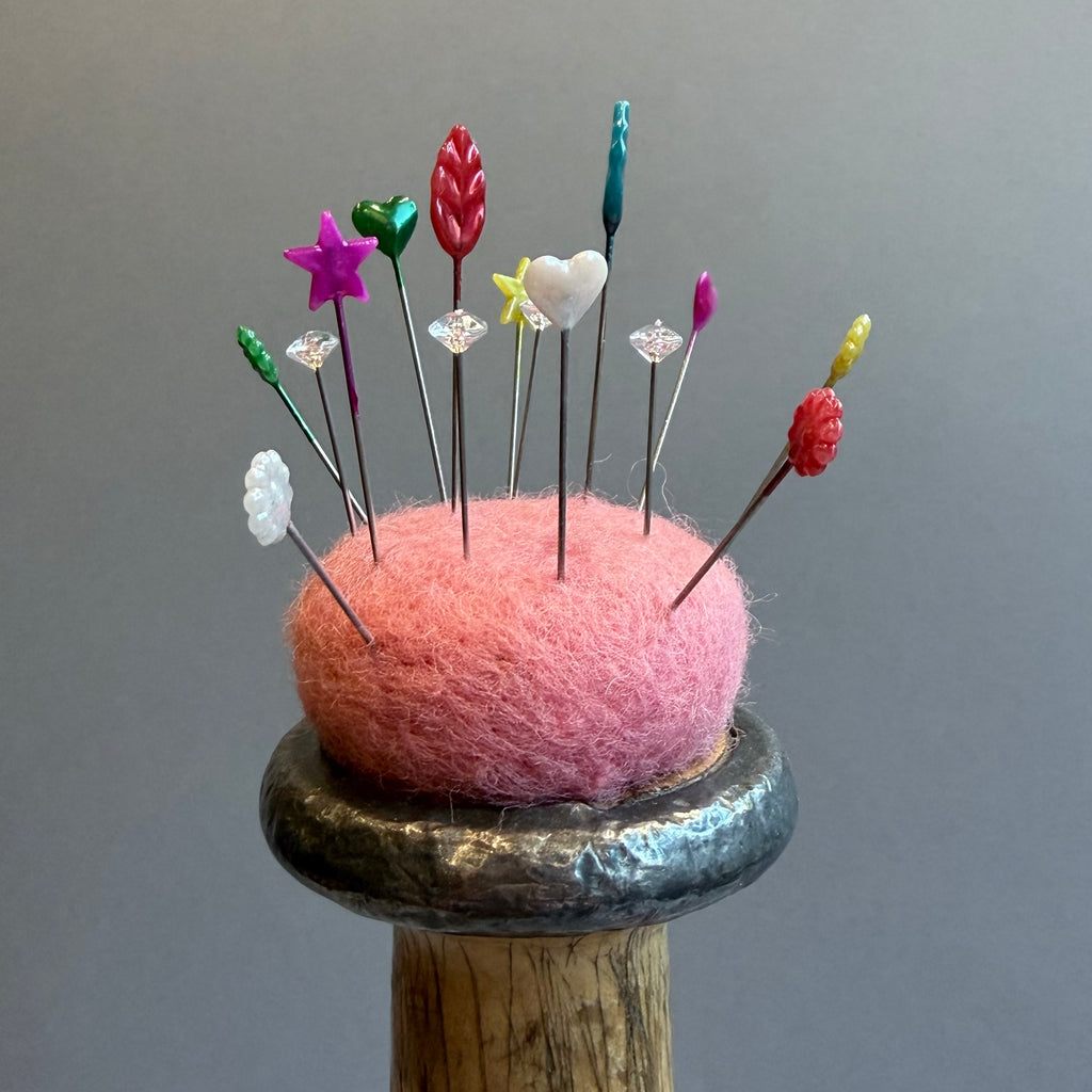 Needle Felted Mouse ‘Holly’ White Mouse on a Bobbin with Pink Pincushion