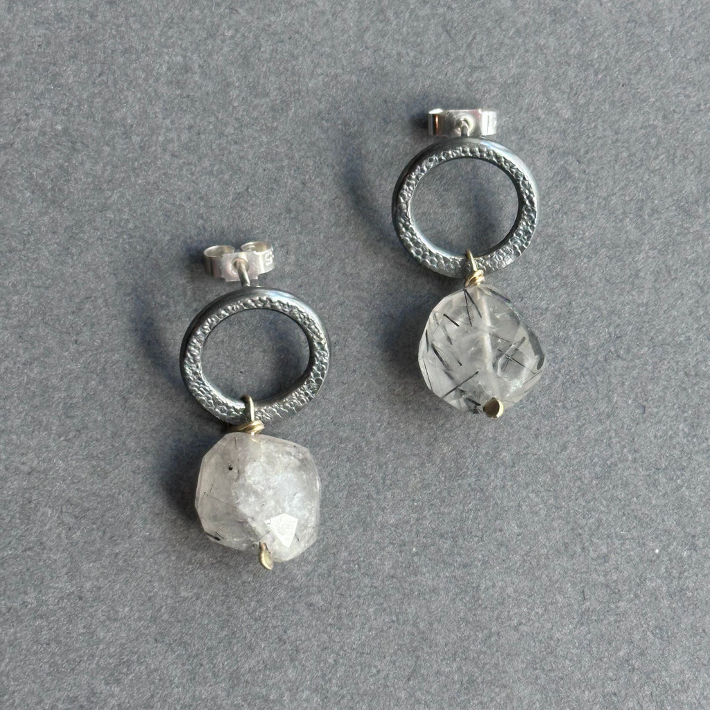 Landscape Drop Studs - Oxidised Silver & Rutilated Quartz