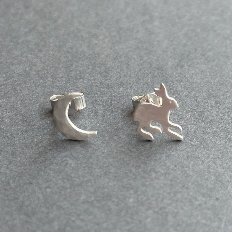 Sterling Silver Studs - Crescent Moon & Running Hare