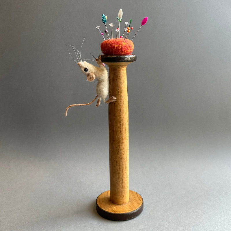Needle Felted Mouse ‘Peaches’ White Mouse on a Bobbin with Pincushion