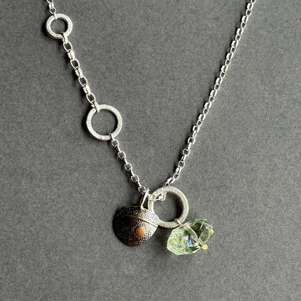 Bug Necklace - Oxidised Silver, Silver, Gold & Green Amethyst
