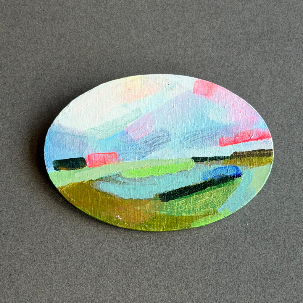 Hand-Painted Landscape Brooch - Oval