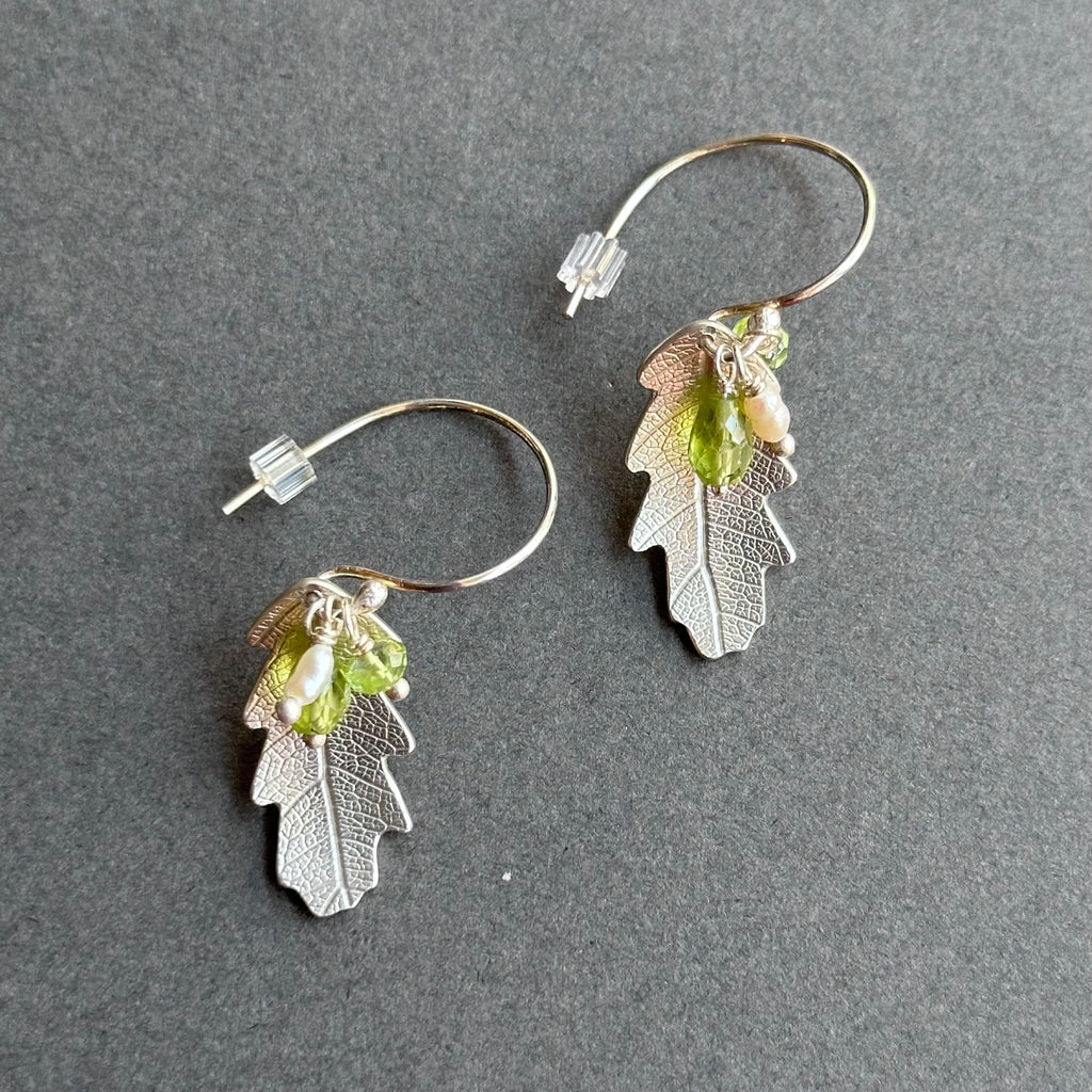 Leaf Earrings - Oak with Green Peridot