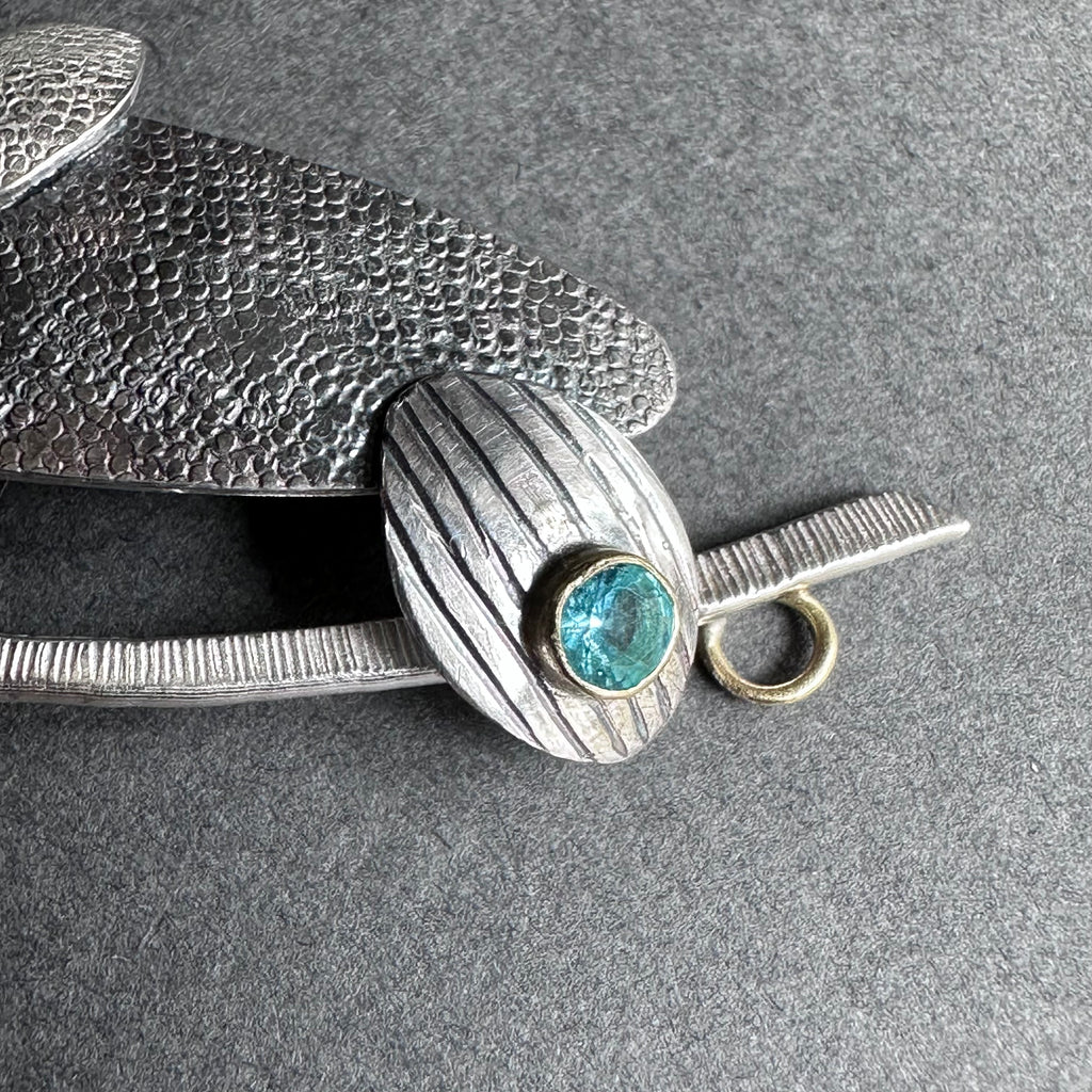 Bug One-Off Brooch - Silver, Gold & Bright Aquamarine