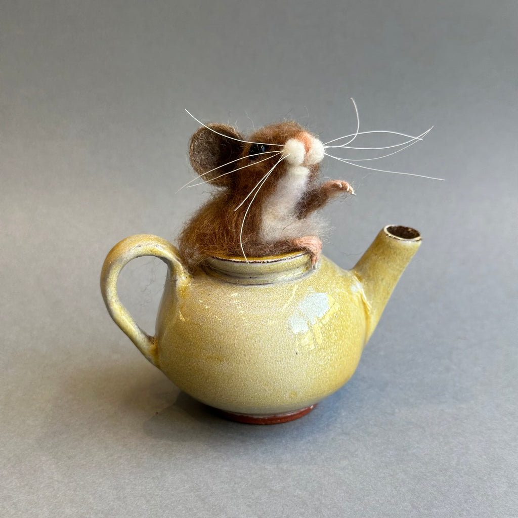 Needle Felted Mouse ‘Stuck’ in a Vintage Teapot