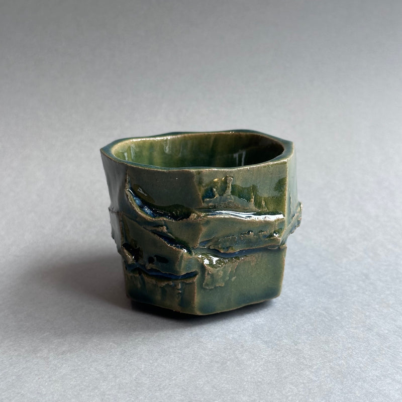 Kurinuki Tea Light Holder - Green / Blue Glaze #C
