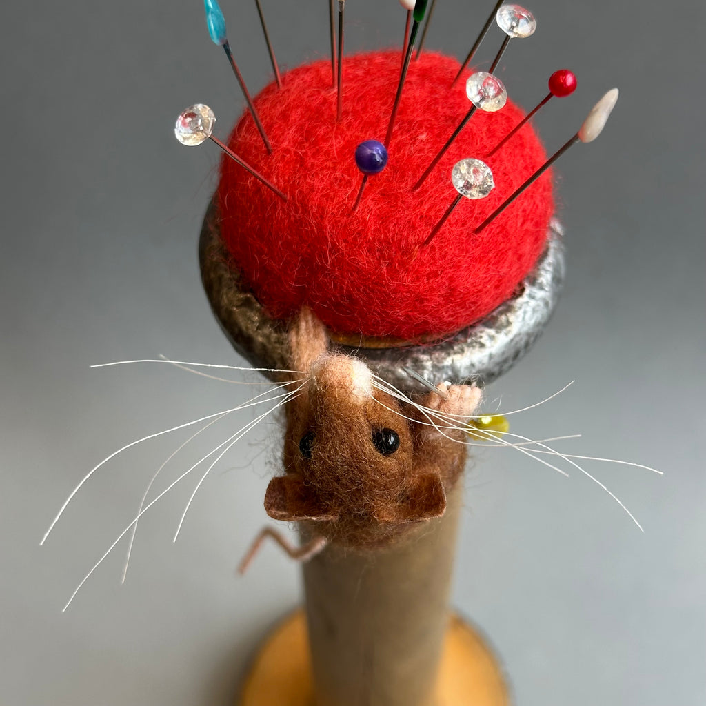 Needle Felted Mouse ‘Tiny’ Brown Mouse on a Bobbin with Red Pincushion