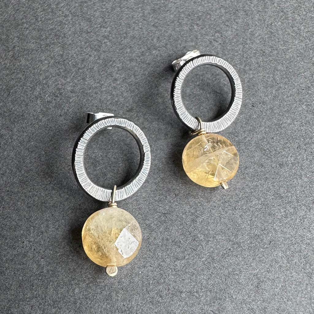 Landscape Drop Studs - Oxidised Silver & Citrine