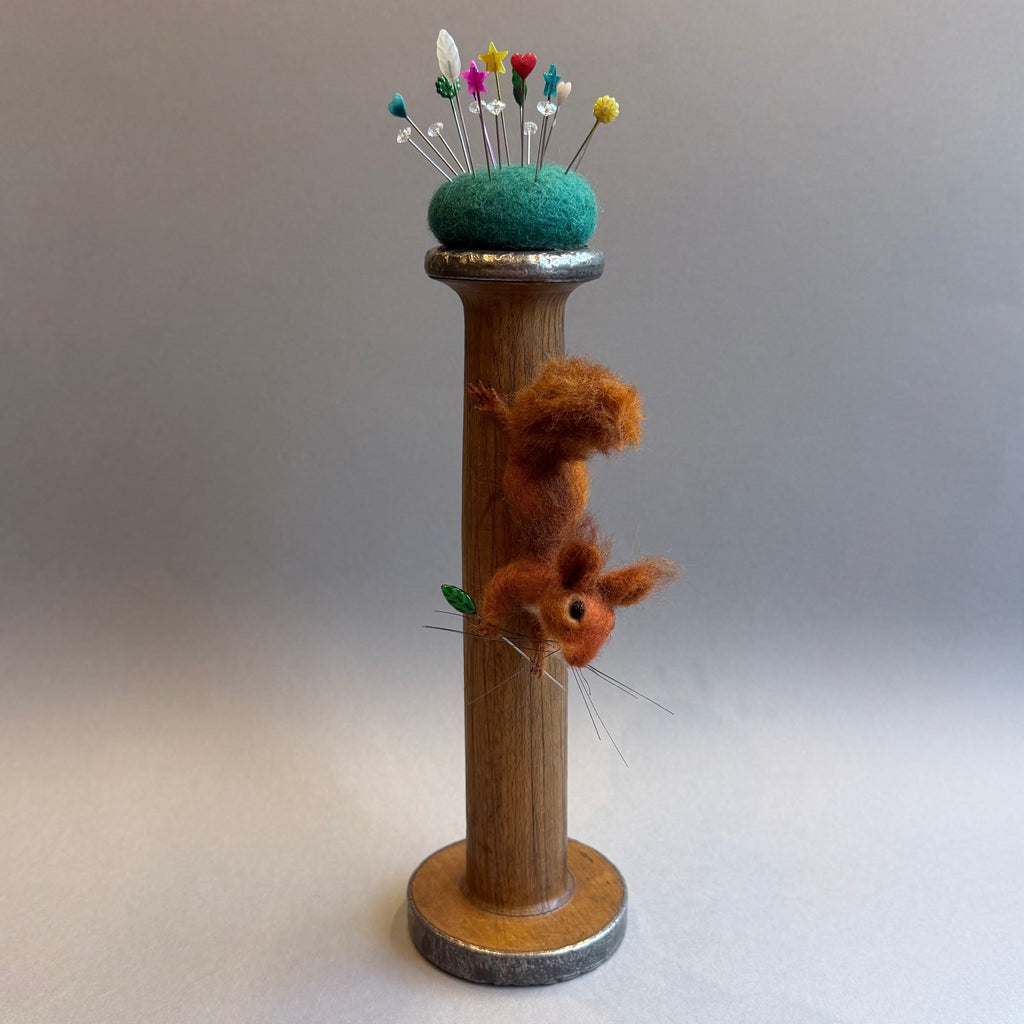 Needle Felted ‘Buster’ Squirrel on a Bobbin with Teal Pincushion