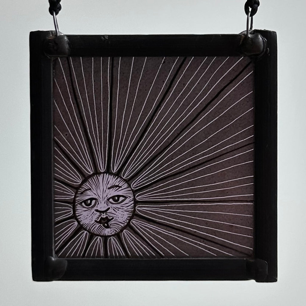 Stained Glass Small Square Panel ‘Sun, Moon Rays’ (Pale Purple) #K