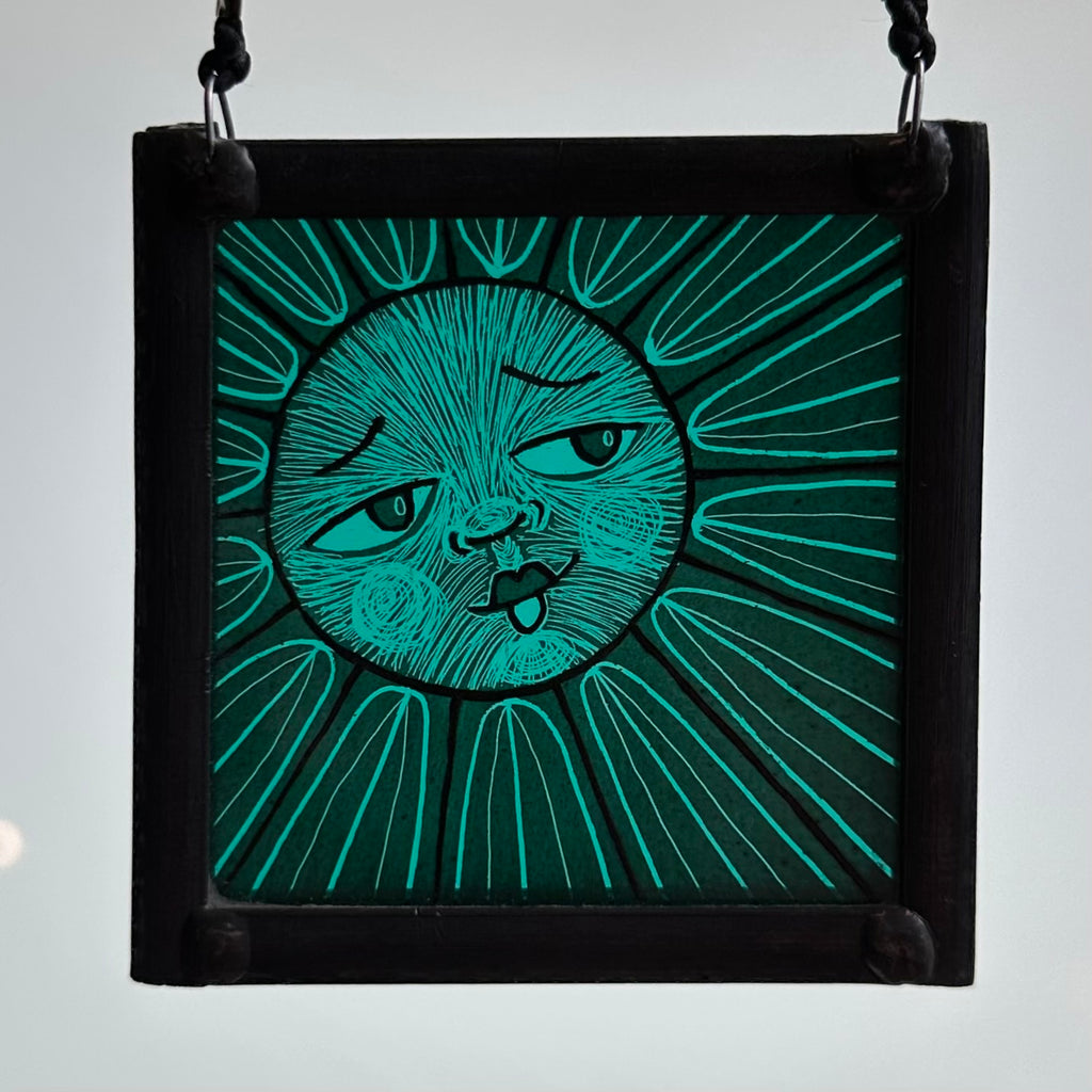 Stained Glass Small Square Panel ‘Sun, Moon Rays’ (Teal) #A