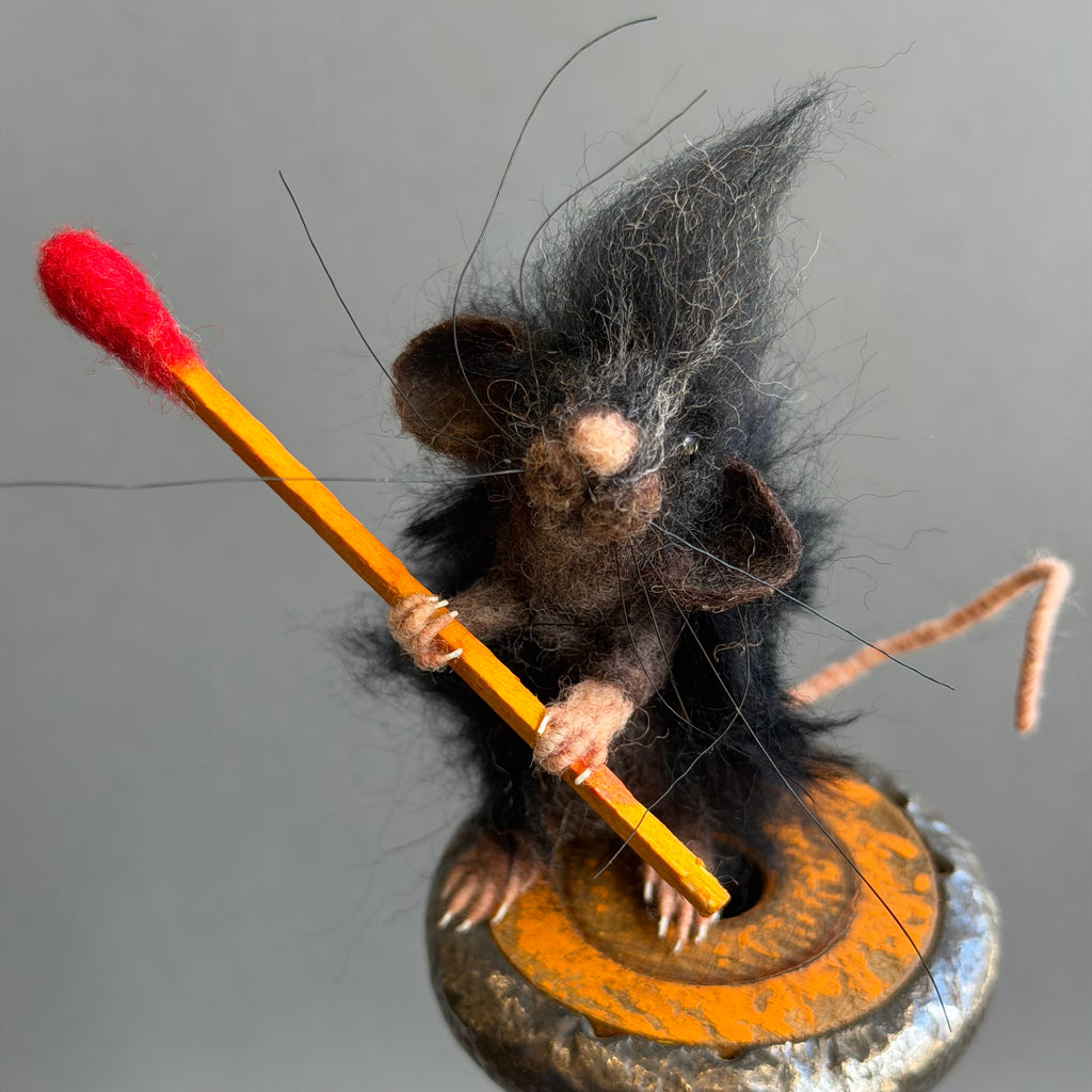 Needle Felted Mouse ‘Ozzy’ on a Bobbin with A Matchstick