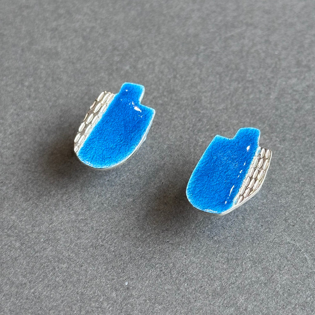 Earrings - Bottle Shape Studs - Blue Enamel