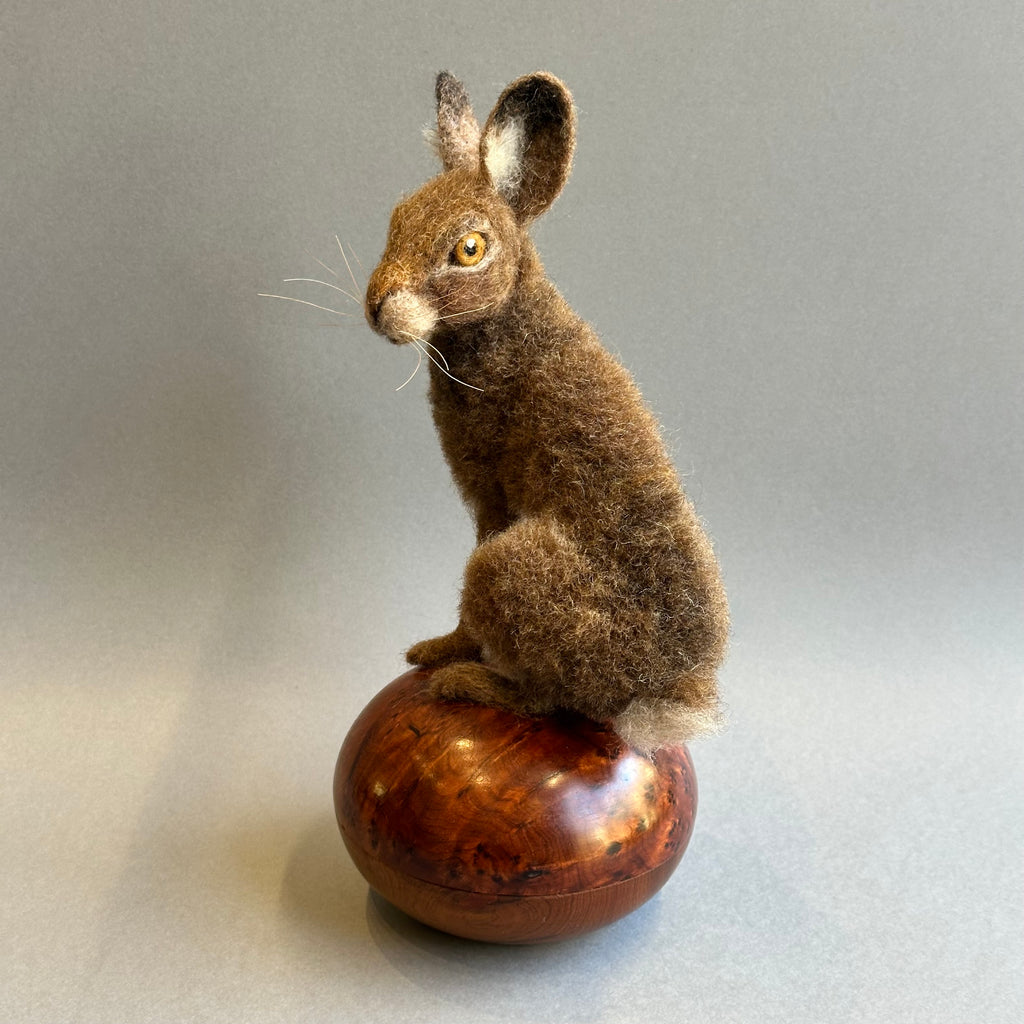 Needle Felted Hare ‘Harriet’ on a Vintage Burr Wood Pot