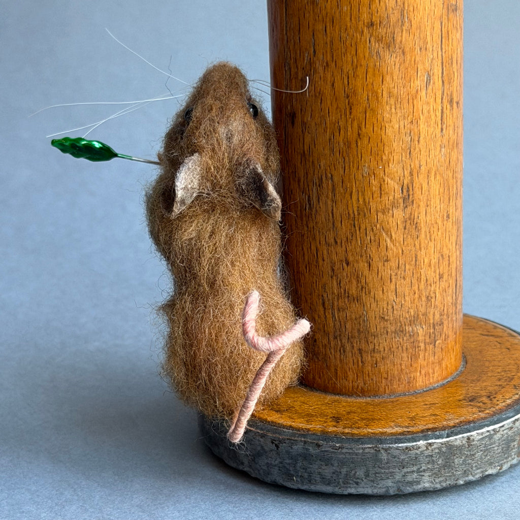 Needle Felted Mouse ‘Connie’ Mouse on a Bobbin with Moss Pincushion #154